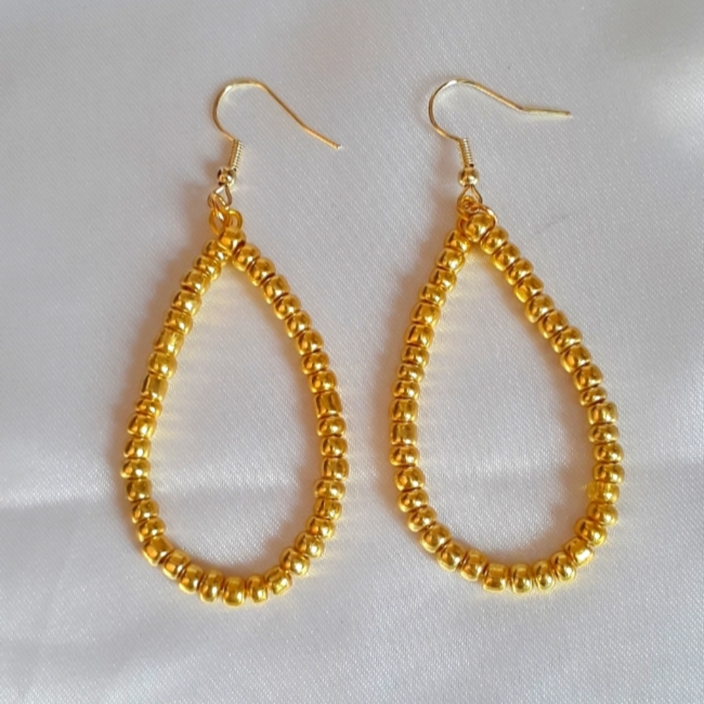 Seed bead teardrop hoop dangle earrings Gold color 3 inch Handmade